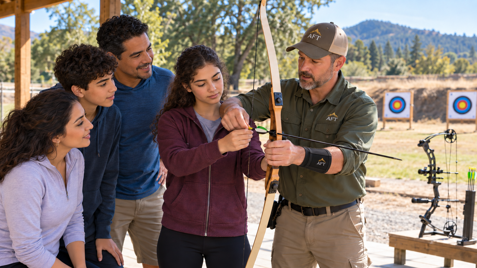 A family receiving supervised archery instruction from David Arnold.