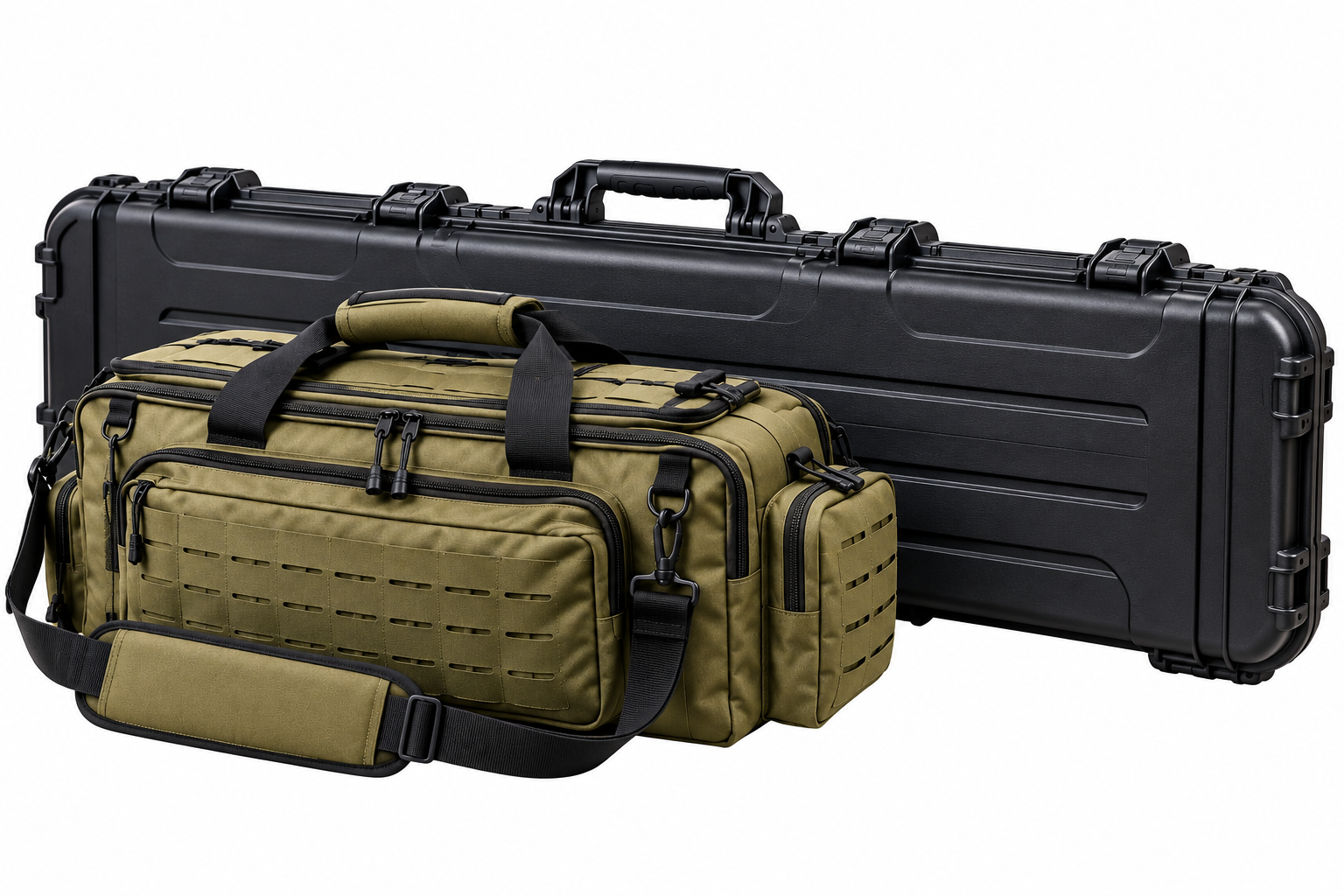Range bag and hard plastic case for transporting a shotgun.