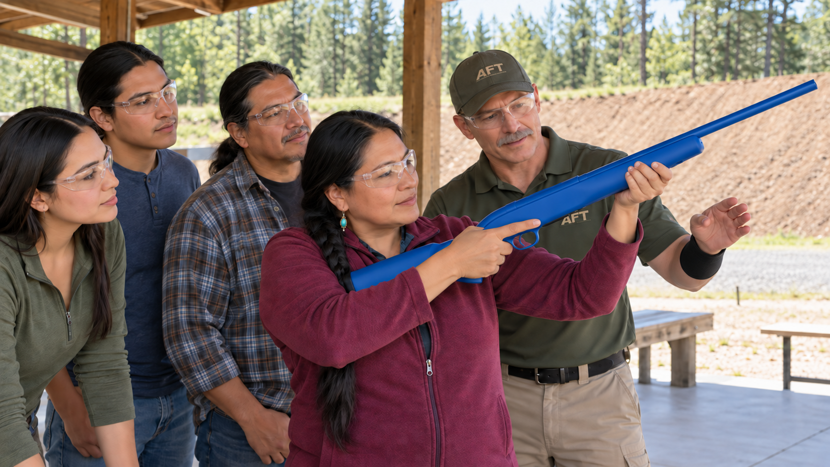 A family receiving supervised rifle safety instruction with an inert blue training firearm.