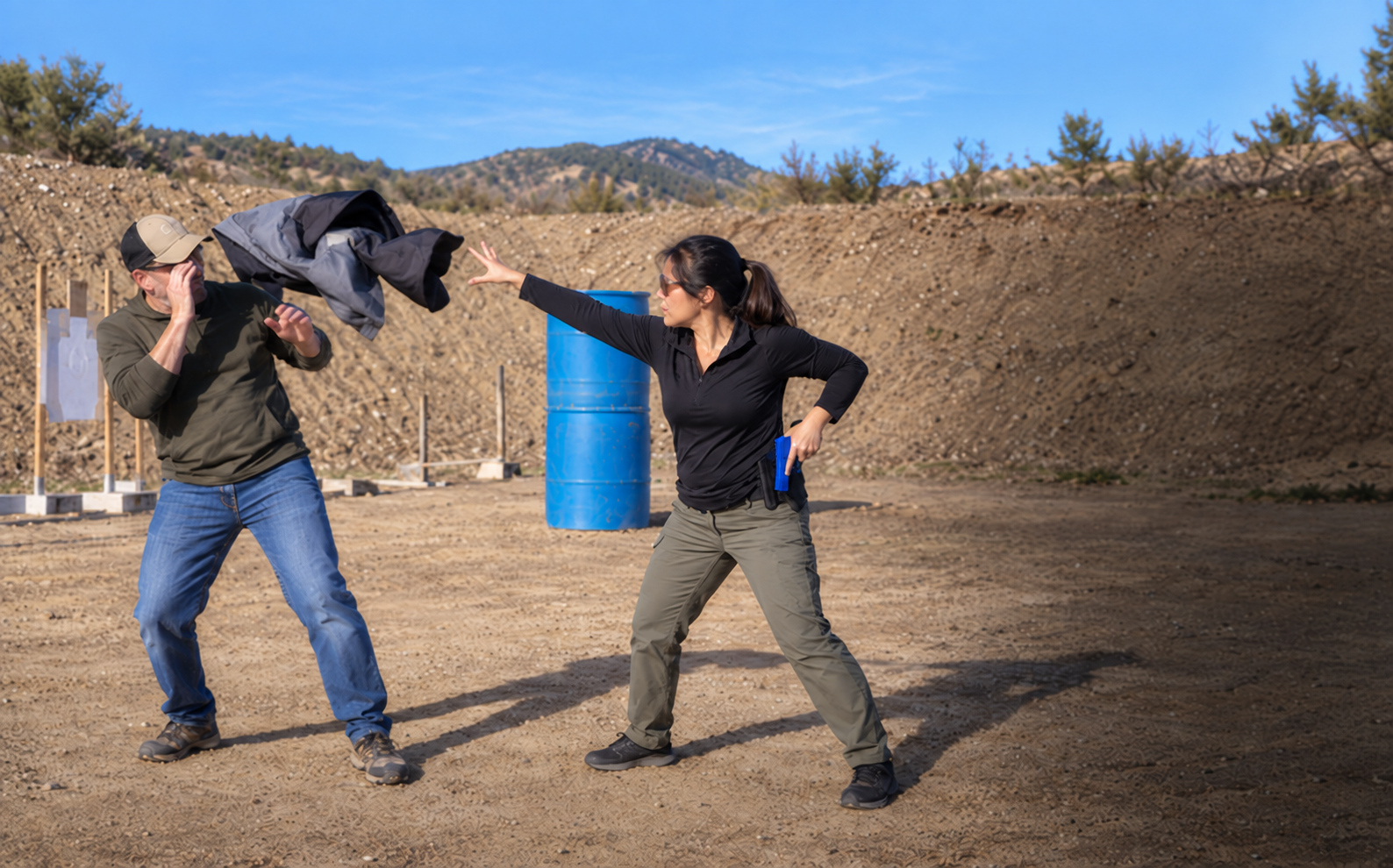 A student tosses a jacket toward a role-player while holding a blue inert training handgun at an outdoor range.