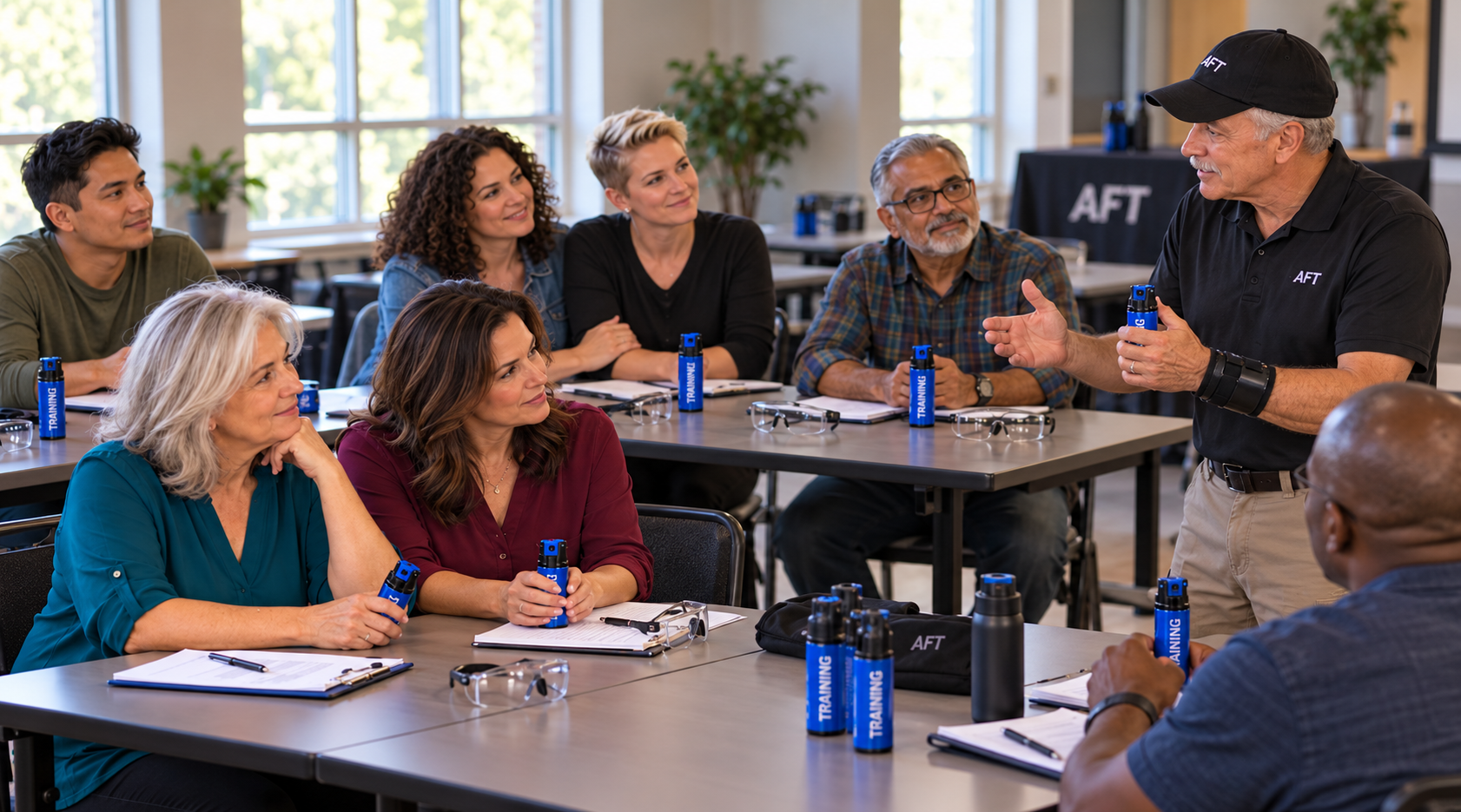 Seven adult students learning with AFT instructor David Arnold and inert practice canisters.