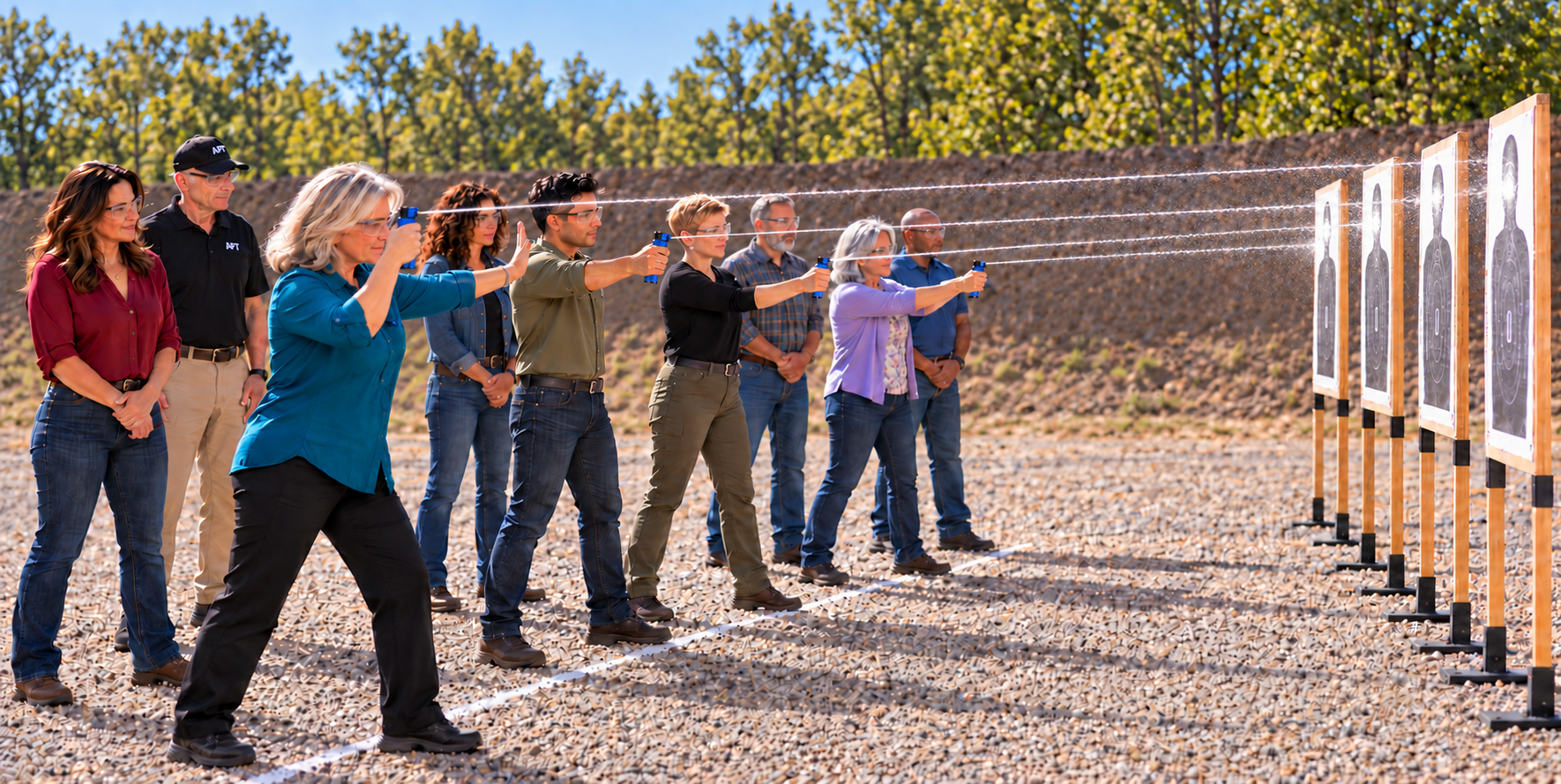 Four students practicing with inert spray trainers while four partners observe behind a common practice line.