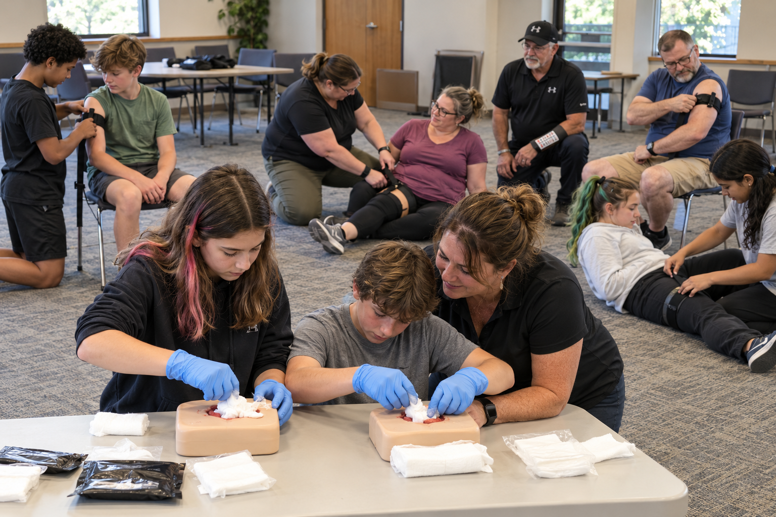 Illustrative youth and parent bleeding-control practice in a carpeted meeting room