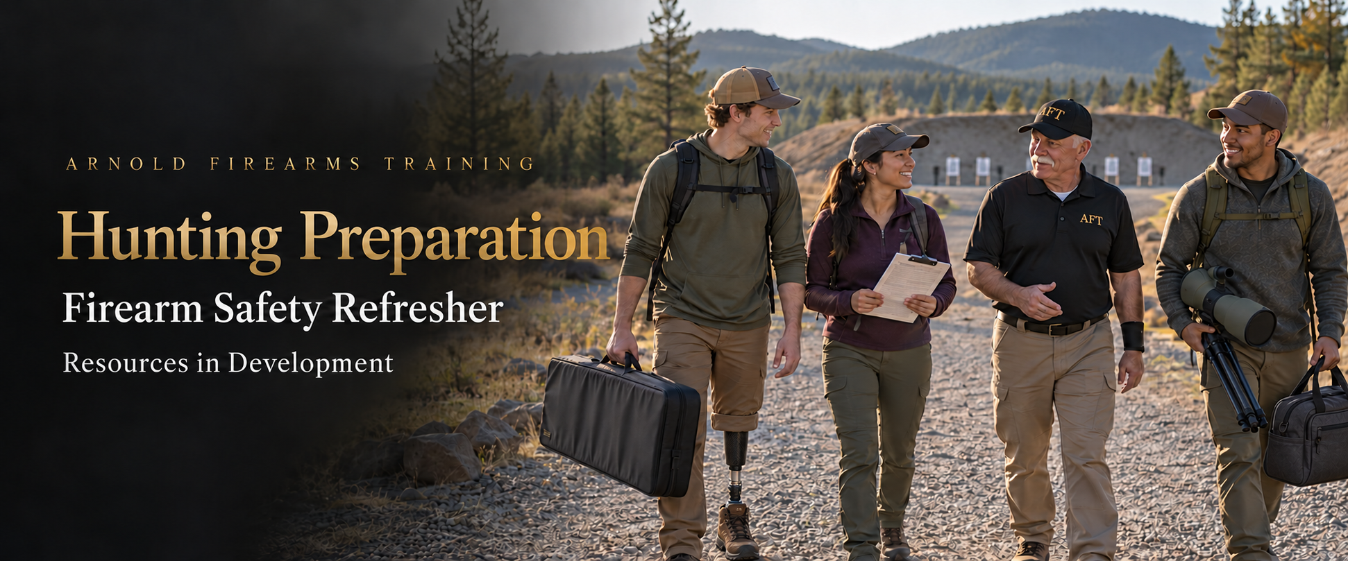 Hunting Preparation. Firearm Safety Refresher. Resources in Development. David and three adult students carrying a closed case, checklist, spotting equipment and range bag.