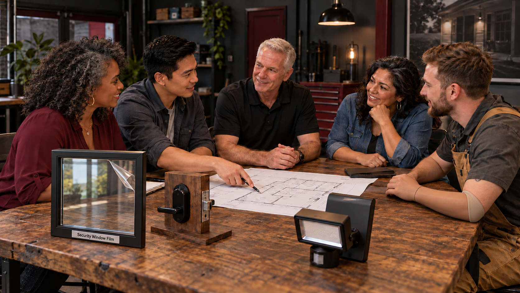 David Arnold and diverse local business owners discussing home safety, with security window film, a demonstration door lock and outdoor lighting.