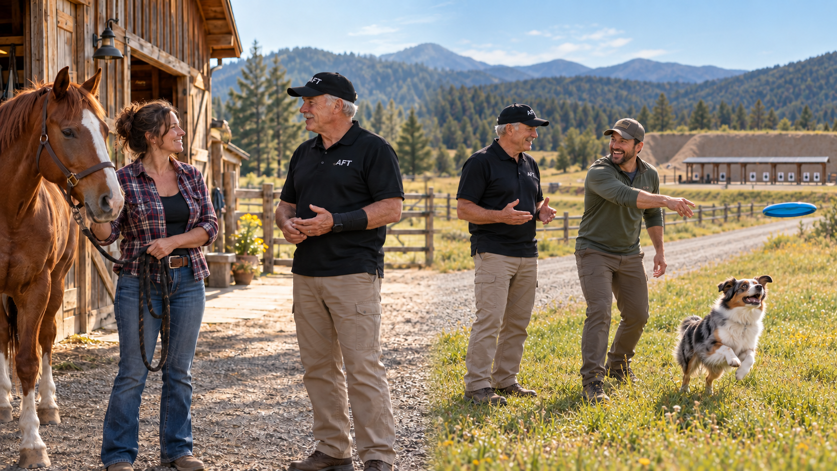 David talking with local horse and dog trainers in two outdoor scenes.